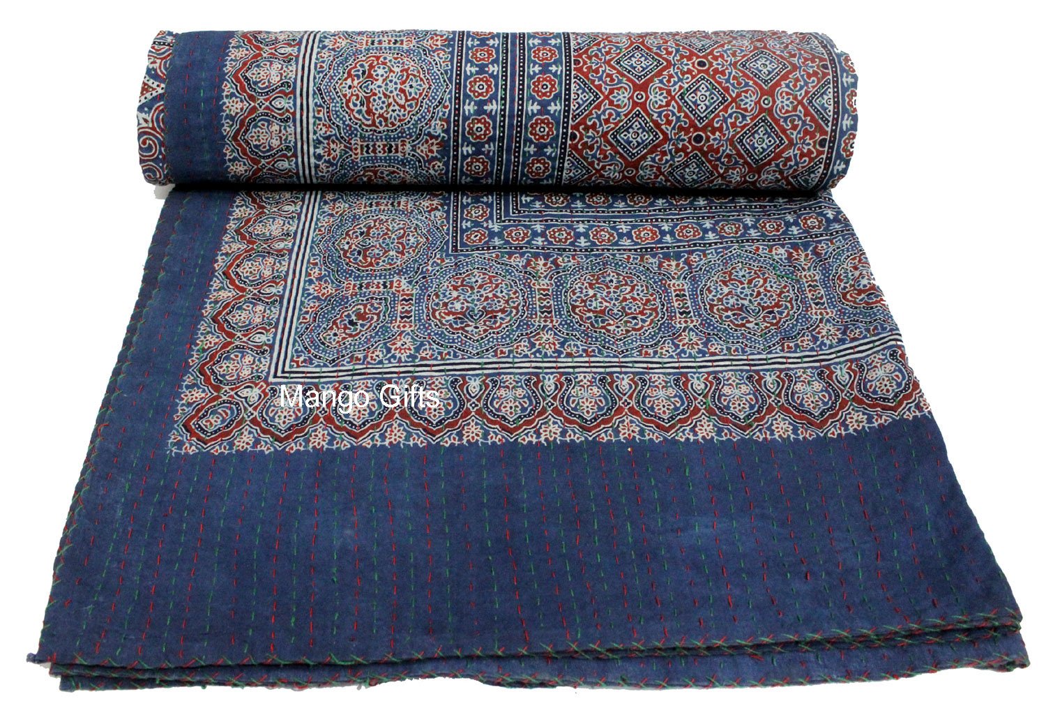 Couvre-lit indien Kantha en coton de 218 x 269 cm pour une chambre bohème chic