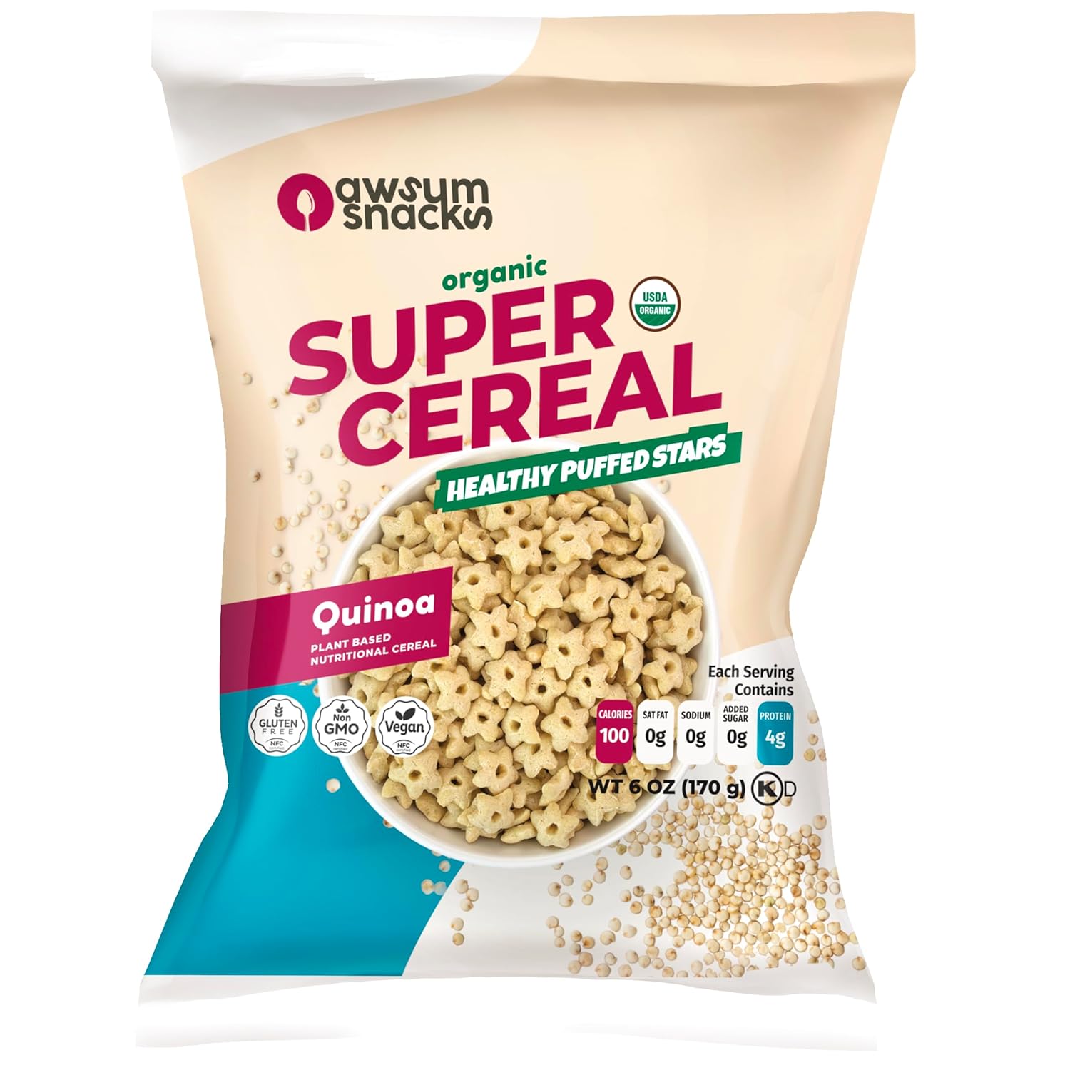 Awsum Snacks SUPERCEREAL 6oz – Certified USDA Organic, Vegan, Gluten Free, Non GMO, Kosher & Grain, Dairy and Sugar Free Cereals – Diabetic Healthy Snack – Cereal Puffed Quinoa Plain