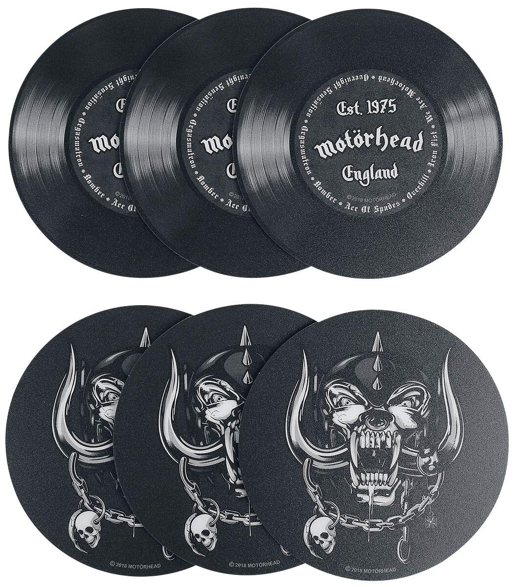 Motörhead Vinyl Records Coasters 6-Piece Printed, Made of Hard PVC and Non-Slip Cellular Rubber., Black/White, 9.5cm