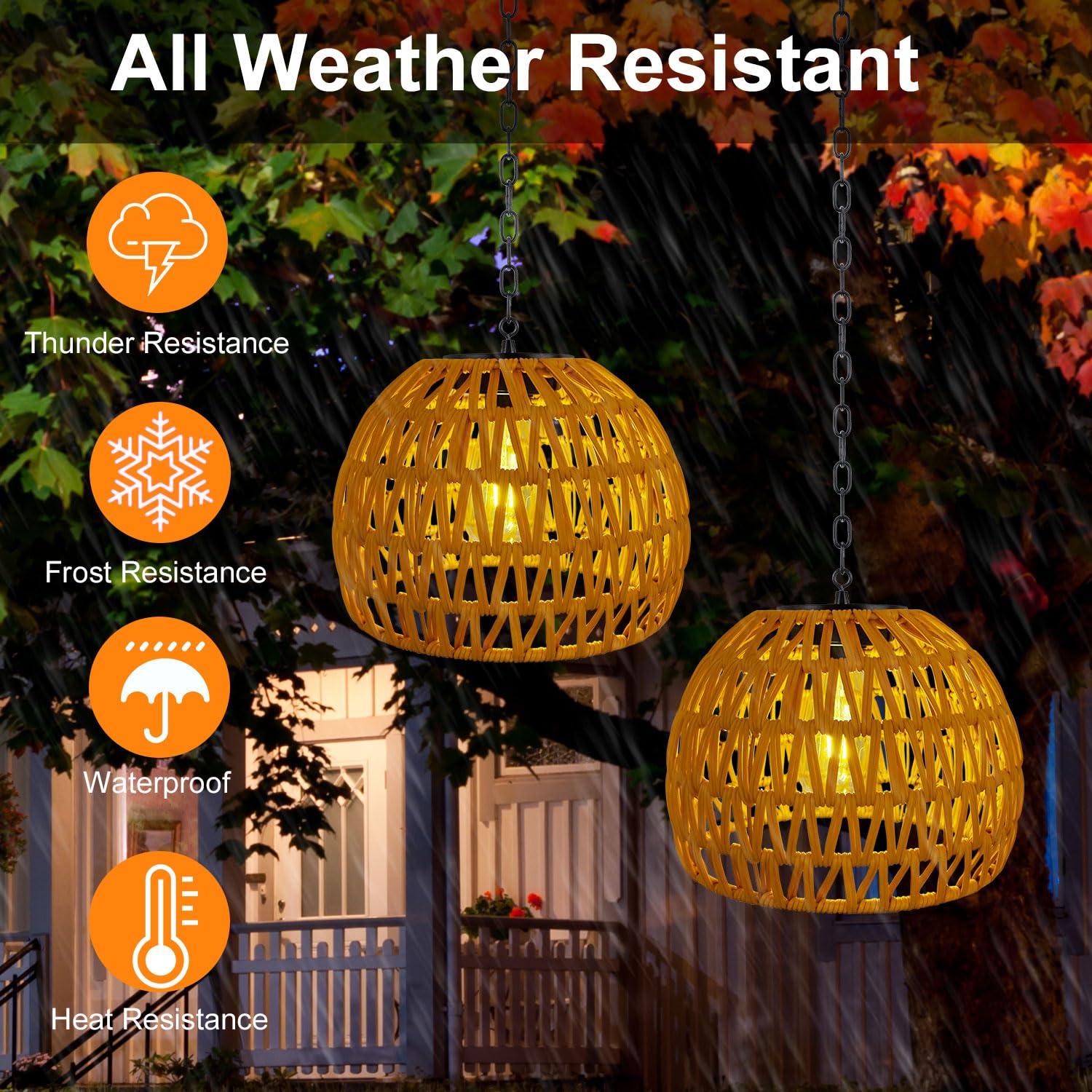 Livinlarge Solar-Hängeleuchte für den Außenbereich, Rattan-Pendelleuchte, Pavillon-Lichter, wasserdicht, für Pavillon, Pergola, Veranda, Terrasse, Balkon, Baum, Außendekor-Beleuchtung