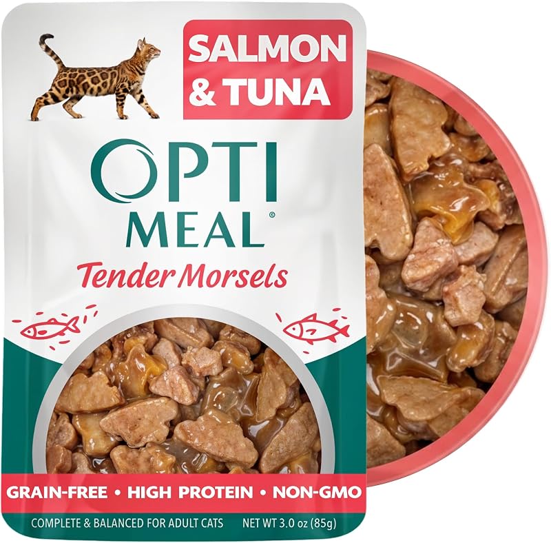 Ração úmida para gatos Optimeal sem grãos com salmão e atum em gelatina – Pacote com 12 sachês de 85 g