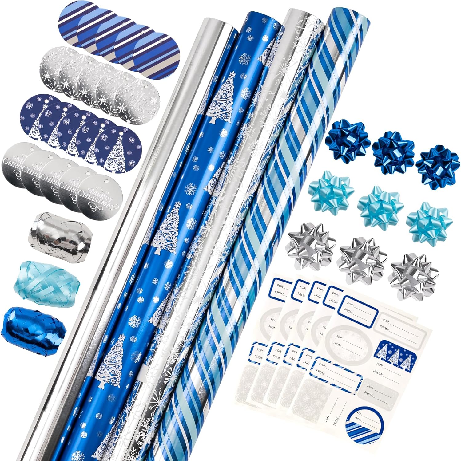 WRAPAHOLIC Blue Christmas Wrapping Paper Set – Blue and Silver Metallic Foil Shine Christmas Wrapping Paper Bundle with Gift Bow & Ribbon & Tag & Sticker WRAPAHOLIC Blue Christmas Wrapping Paper Set – Blue and Silver Metallic Foil Shine Christmas Wrapping Paper Bundle with Gift Bow & Ribbon & Tag & Sticker