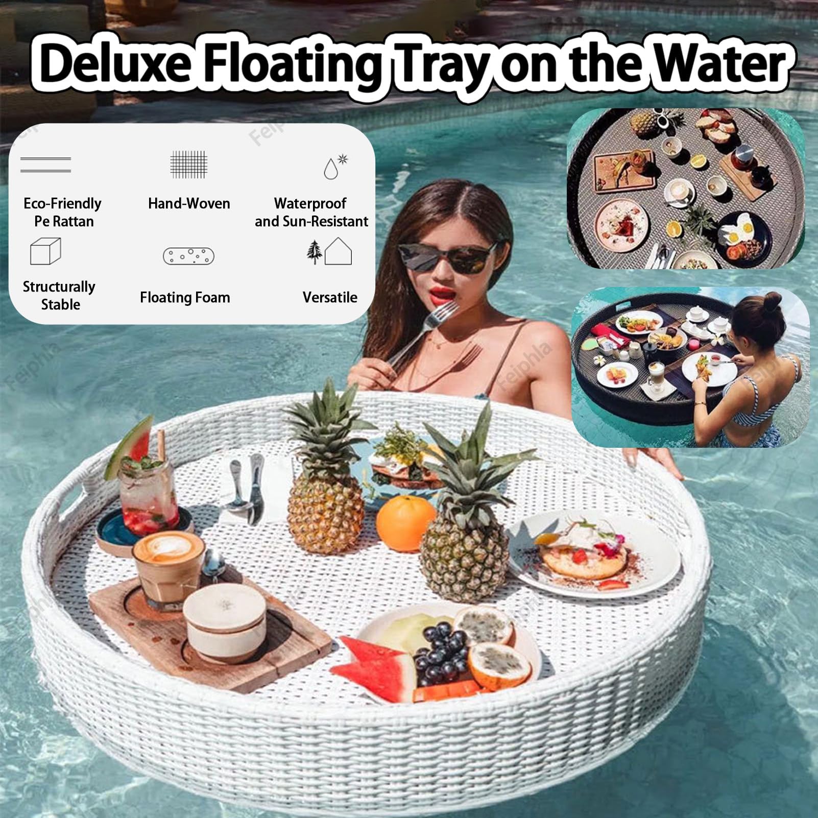 Bandeja flotante, bandeja impermeable y duradera con asas para piscinas y jacuzzis, perfecta para desayunos y fiestas en la playa, diseño redondo de 60 cm