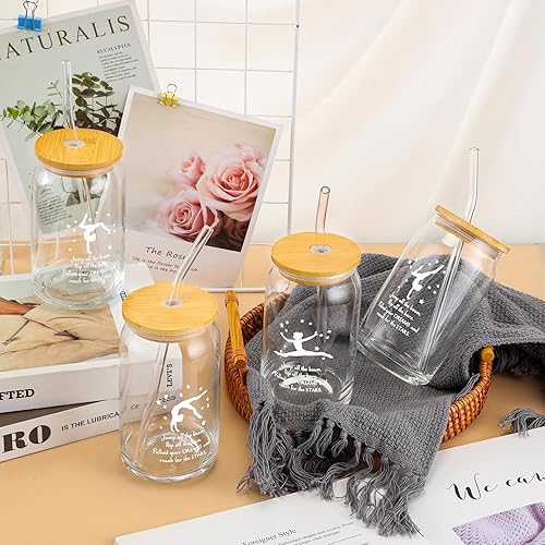 Miniatura 5 de Inbagi Juego de 6 vasos de gimnasia de 16 onzas para niñas, vasos de vidrio de gimnasia con tapas, popotes para mujeres, gimnastas, entrenadoras,