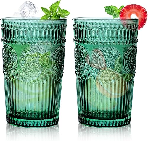 Miniatura 9 de Juego de 6 vasos de bebida vintage, vasos altos Atroviens de 12 onzas, vasos de cristalería acanalados en relieve para cóctel, agua, jugo, café,