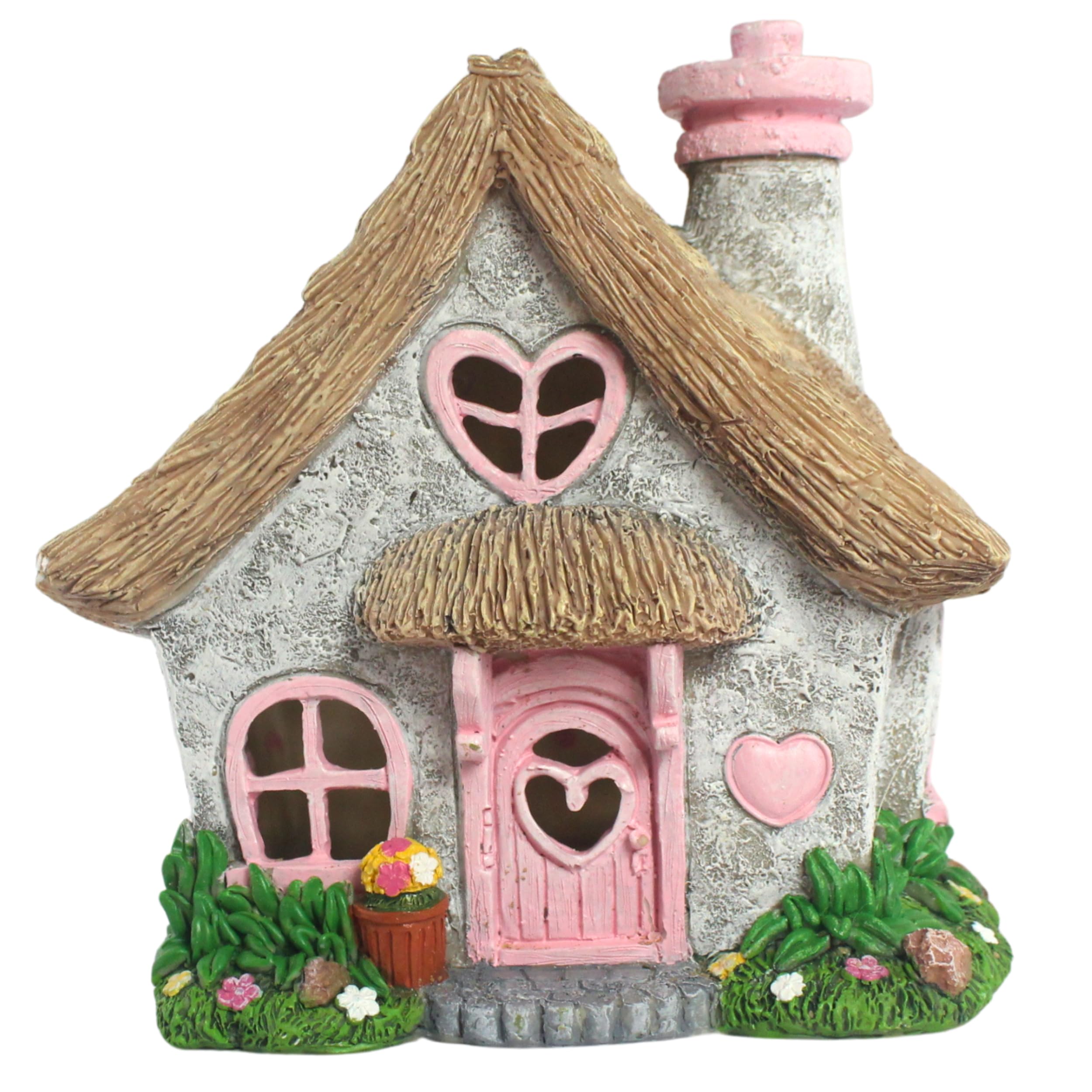 PRETMANNS Fairy House for Outside with Solar Powered LED Lights for Garden - Fairy Garden Houses for Outdoor - Miniature Accessories for Cottage Decor for Village - 19.2 cm High, Pink