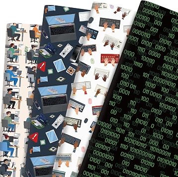 Pineraap Programmer Wrapping Paper 12 Sheets Coding Themed Gift Wrap, Keyboard, Computer, Code Designs, Programmer Themed Packing Paper for Developers, Tech Enthusiasts, Developers, 20"28"