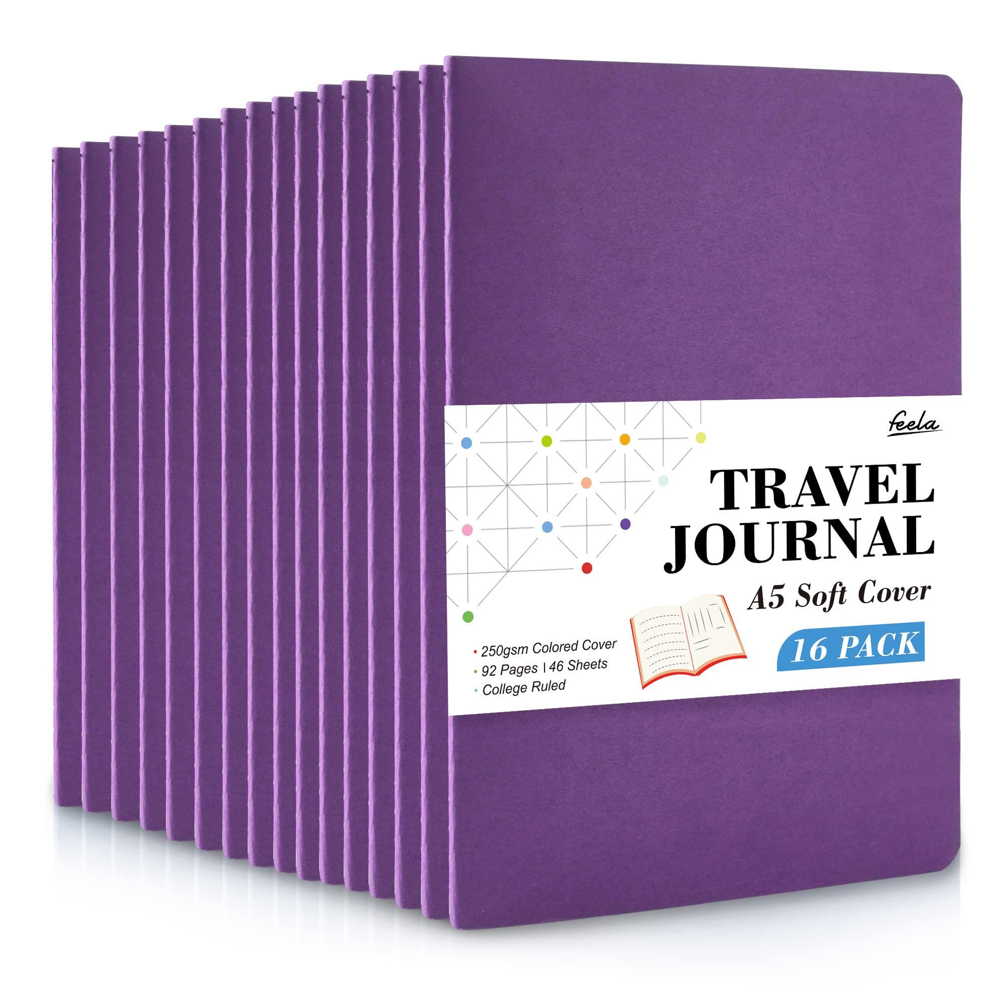 16 Pack Soft Cover Journal Bulk, Feela Lined Notebooks College Ruled for Work for Women Girl Writing, Blank Travel Journal Note Taking Notebook School Business Supplies, 8.2” x 5.5”, A5, Dark Purple