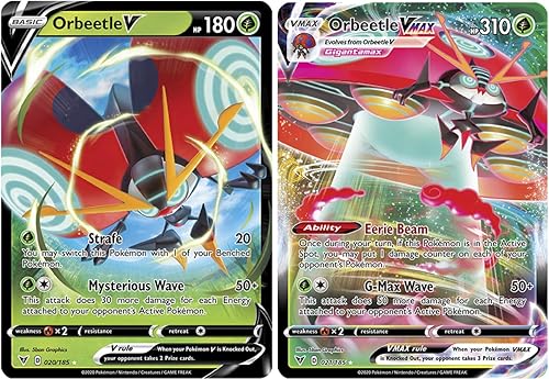 Pokemon Juego de tarjetas Vmax Orbeetle VMAX 21/185 y Orbettle V 20/185 - Voltaje vívido - Lote de tarjetas ultra raro