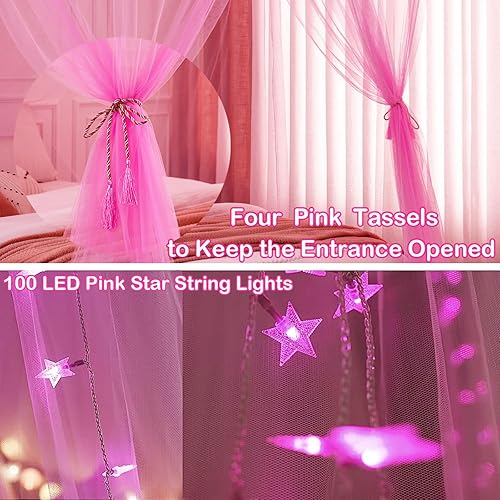 Miniatura 3 de Toldo de cama rosa con luces para niñas, toldo de 8 esquinas con luces LED de estrella rosadas, control remoto para dormitorio de niñas, toldo de