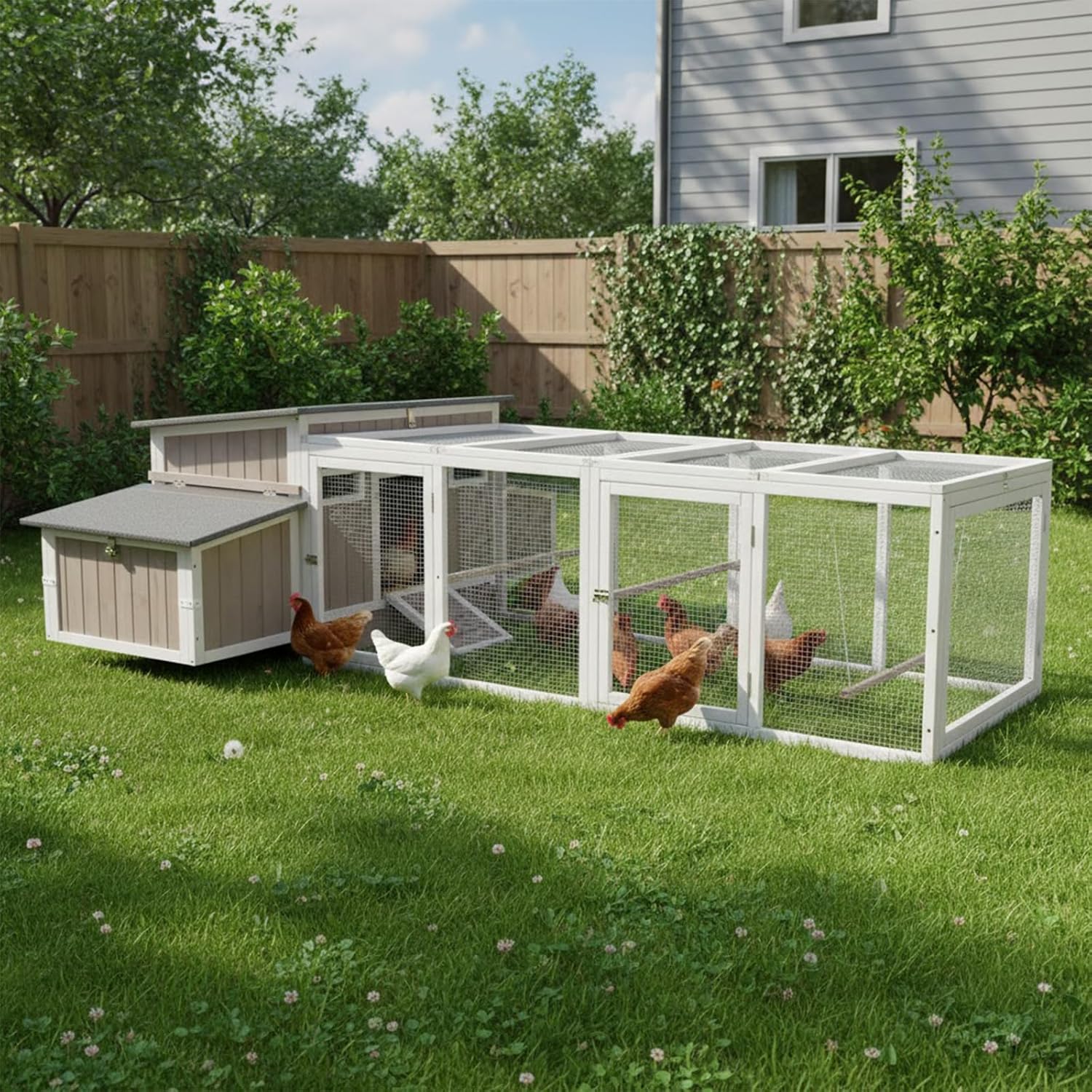 Chicken Coop Waterproof Asphalt Roof Predator-Proof Wooden Hen House for 2–4 Chickens Easy Clean Slide-Out Tray L-Shaped Metal Reinforced Outdoor Coop with Nesting Box Ramp & Ventilation