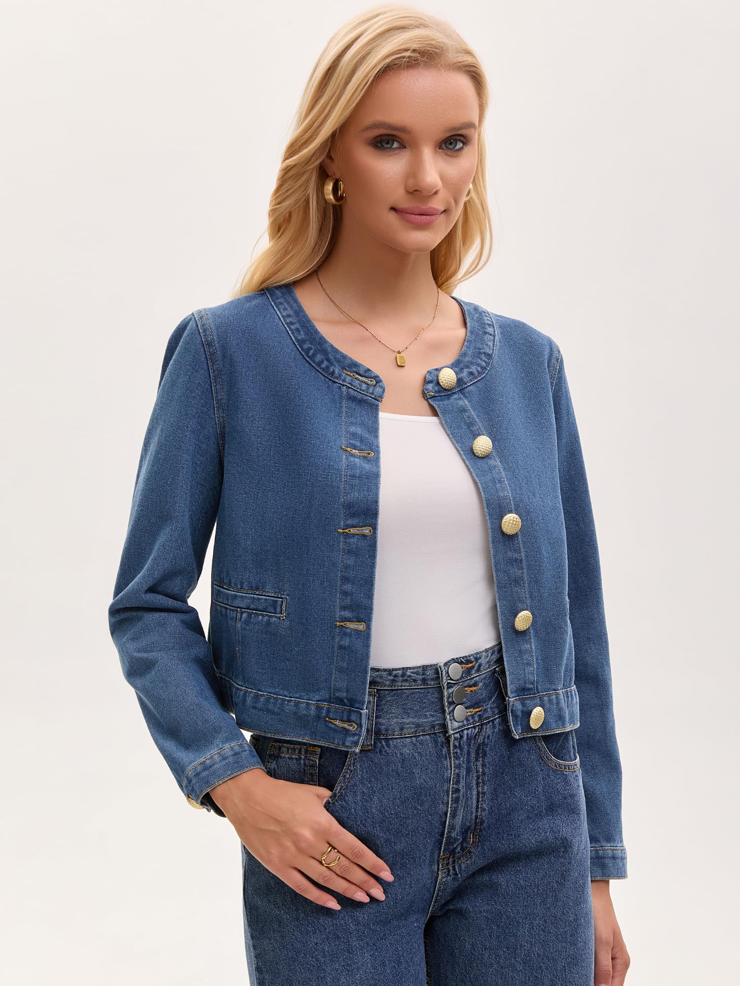 Veste en Jean Femme sans Col et Manches Longues Blouson en Denim à Fermeture Boutonnée Style Vintage