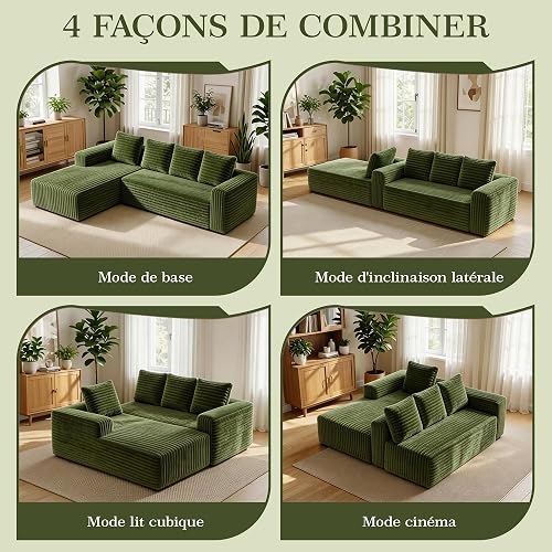 Sapgaks Divano ad angolo, 4 posti, divano a 3 posti, divano compresso modulare con chaise longue a forma di L, nessun assemblaggio richiesto (tessuto in cordone) (verde) - 6