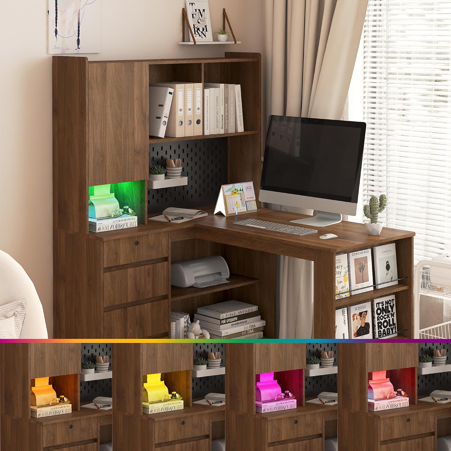 L-shaped desk with LED lights illuminated in various colors, showcasing 주변 조명 기능.