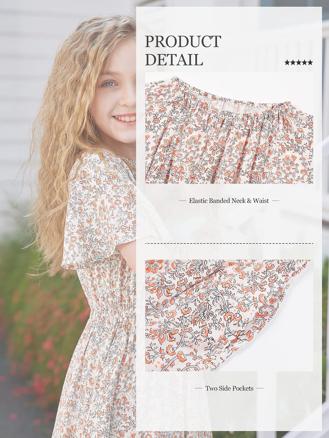 LaBeca Girls Casual Butterfly Sleeve Elastic Crew Neck Floral Printed Solid Color High Waist Midi Belted Dress with Pocket - Image 6