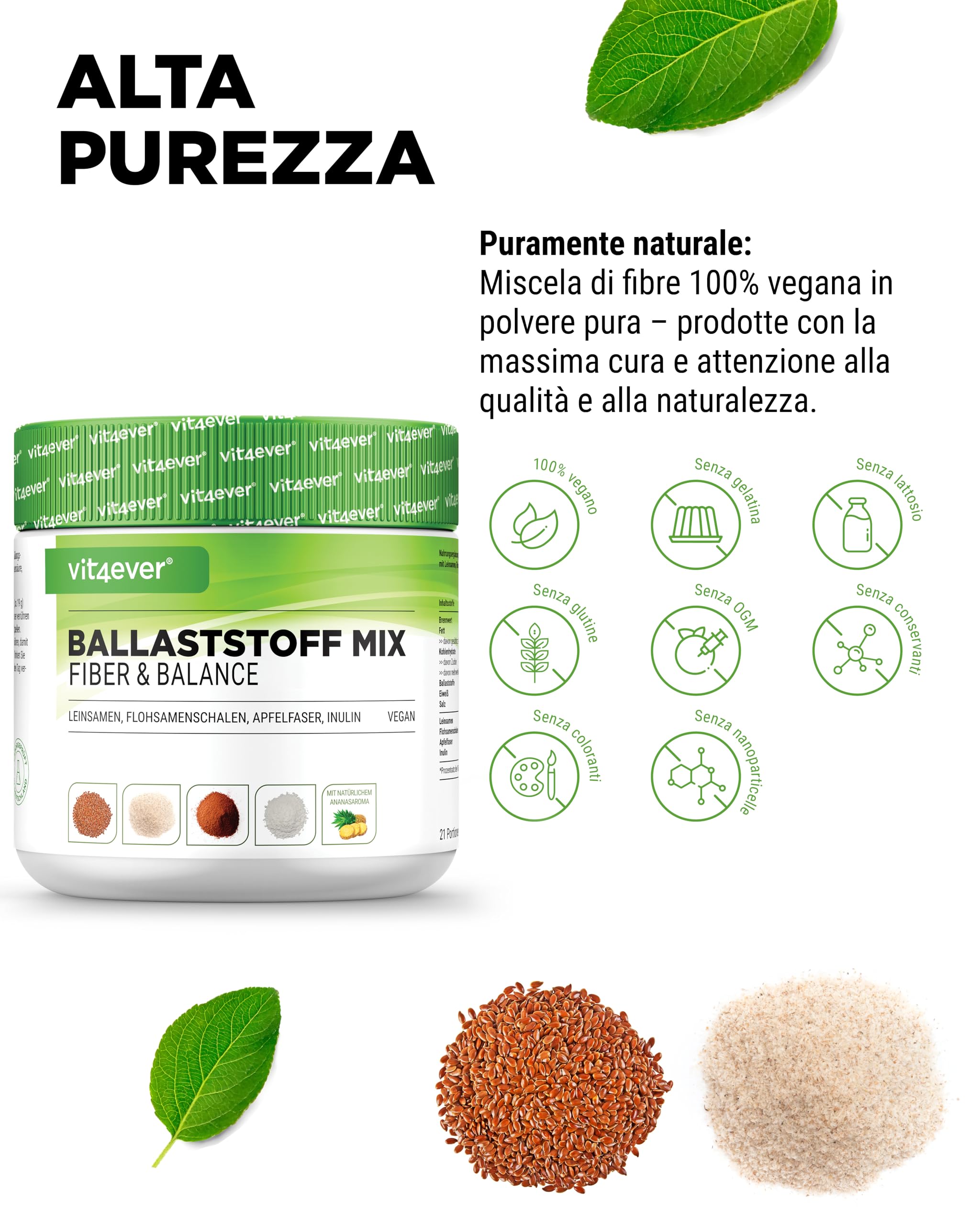 Combinazione di fibre alimentari - 400 g di polvere con bucce di psyllium, inulina (prebiotico), polpa di mela, semi di lino - Alto contenuto di fibre alimentari - Vegan - Con aroma naturale di ananas