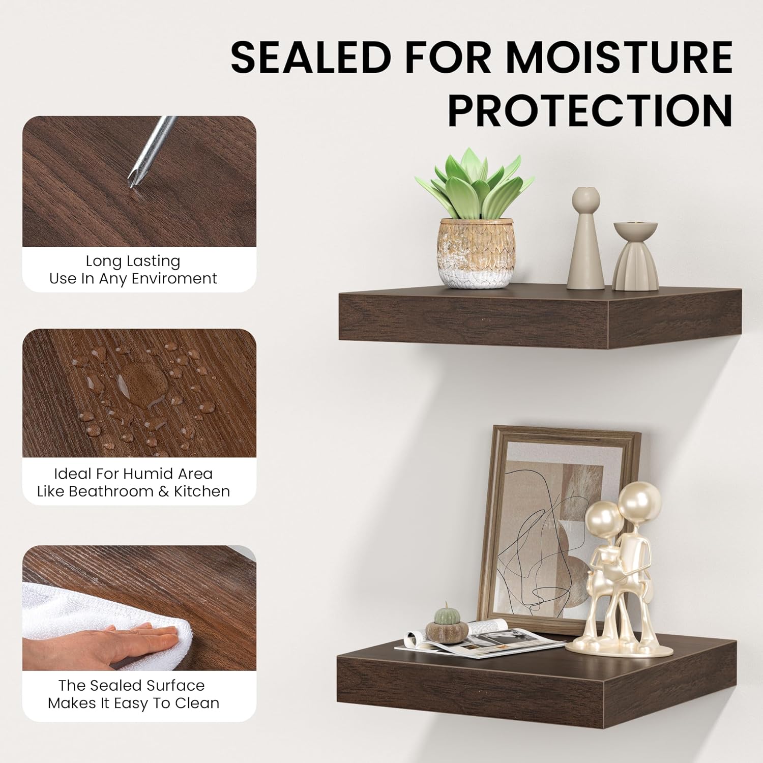 Square Floating Shelves for Wall, 10" W x 10" D x 1.4" H, Small Wooden Wall Mounted Display Shelves with Invisible Brackets for Living Room, Bedroom, Bathroom, Kitchen Decor, Set of 4, Walnut