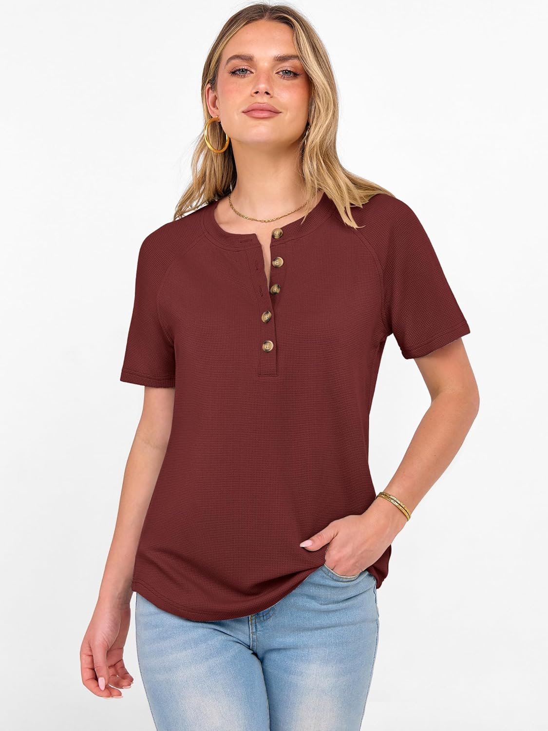 ANRABESS Women Waffle Knit Tops Short Sleeve Henley Shirts Dressy Casual Blouse 2026 Spring Fashion Outfits Trendy Clothes - Image 4