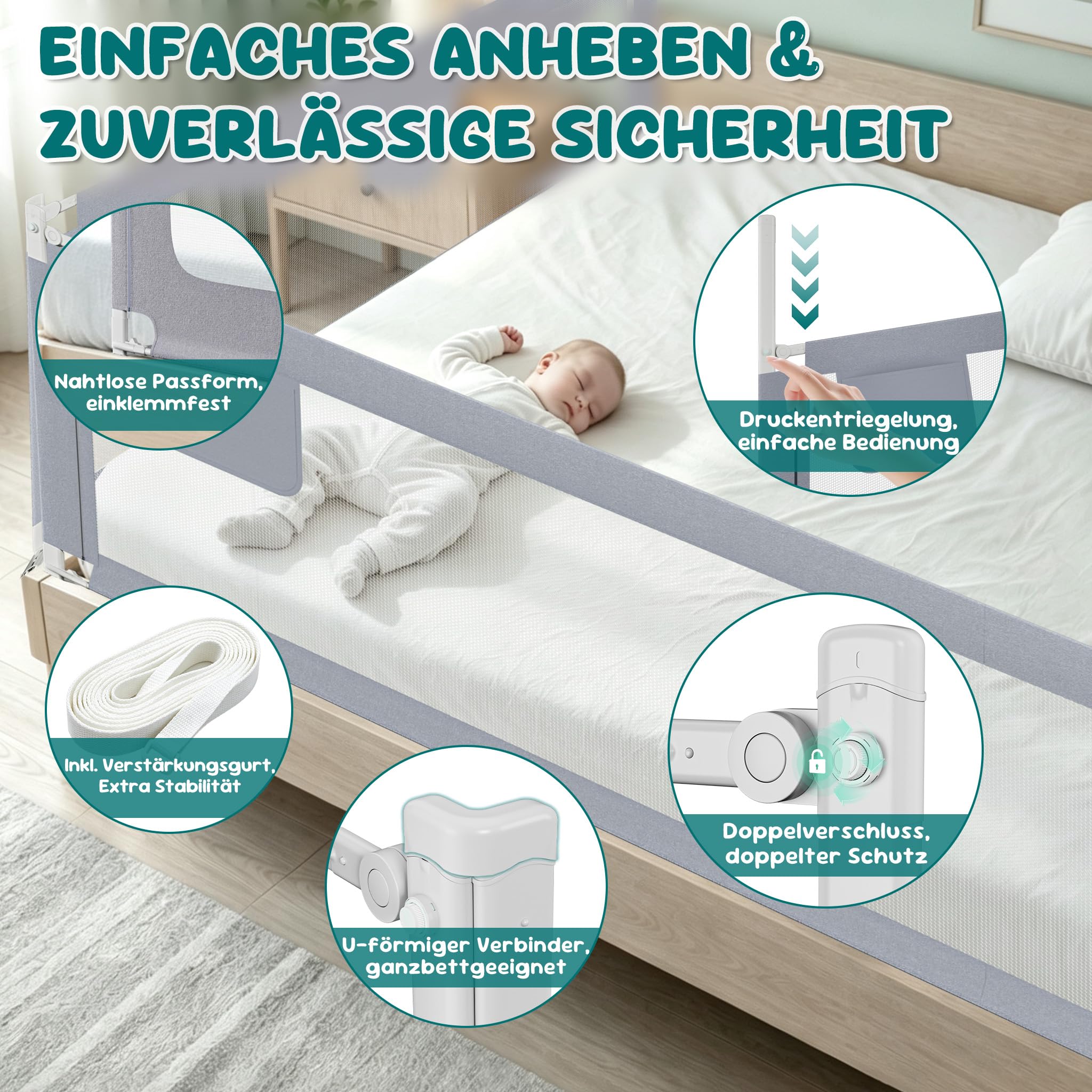 Froadp 200cm Barriera per Letto Bambini, Pieghevole Sponda Lettino Regolabile in Altezza con Doppia Chiusura Cintura Fissa e Mesh Taspirante, Portatile Guardrail Adatto per Maggior Letti(Grigio)