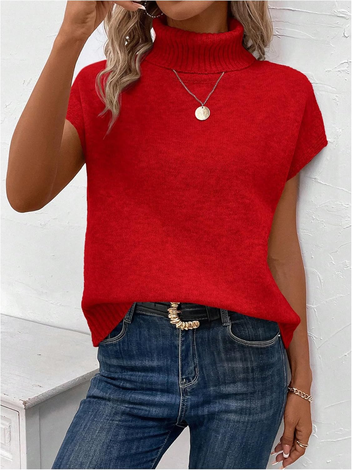 WDIRARA Women's Turtleneck Cap Sleeve Sweater Vest Pullover Knitted Top Loose Oversized Knitwear - Image 4