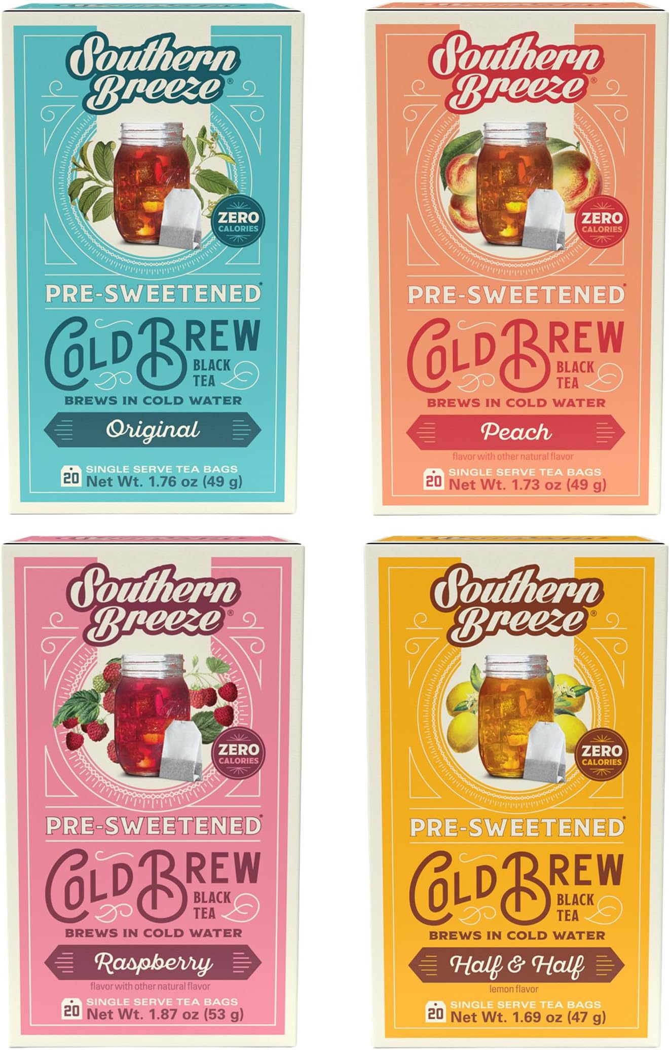 Cold Brew Sweet Tea Variety Pack Iced Tea with Black Tea and Zero Carbs Zero Sugar, 20 Individually Wrapped Tea Bags, Pack of 4 Original, Raspberry, Peach, and Half & Half