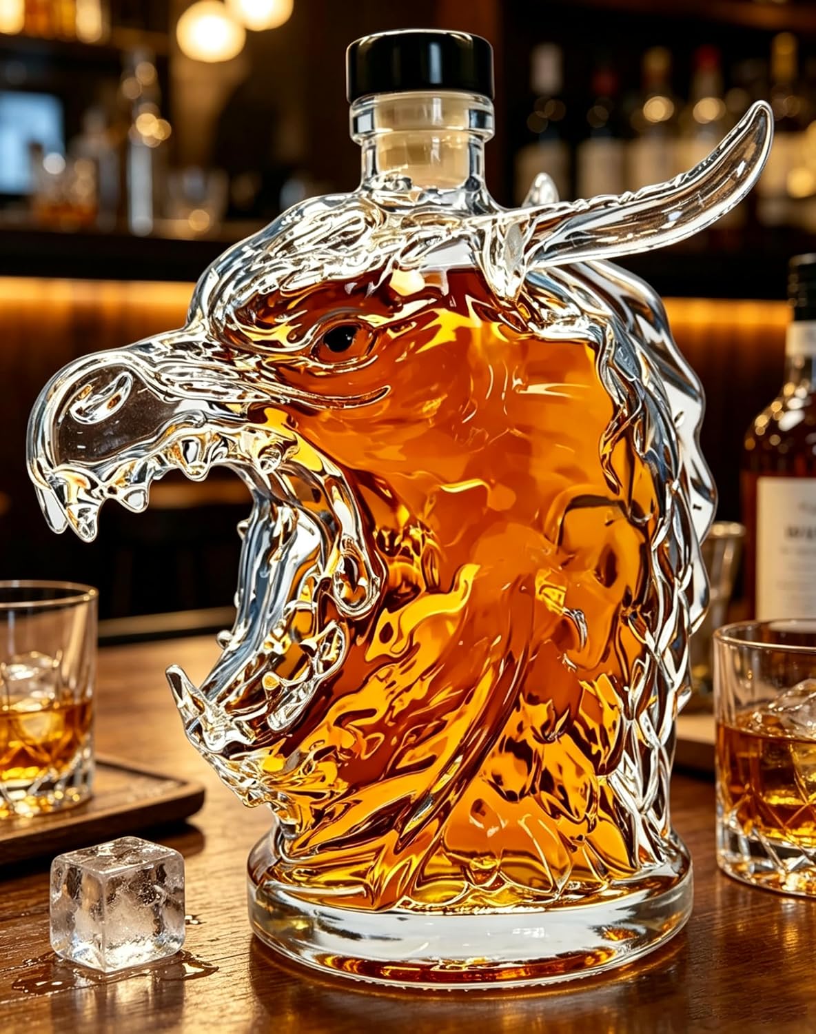 cute dragon head shaped whiskey decanter, premium glass bottle for whiskey enthusiasts, home bar decoration and gifts