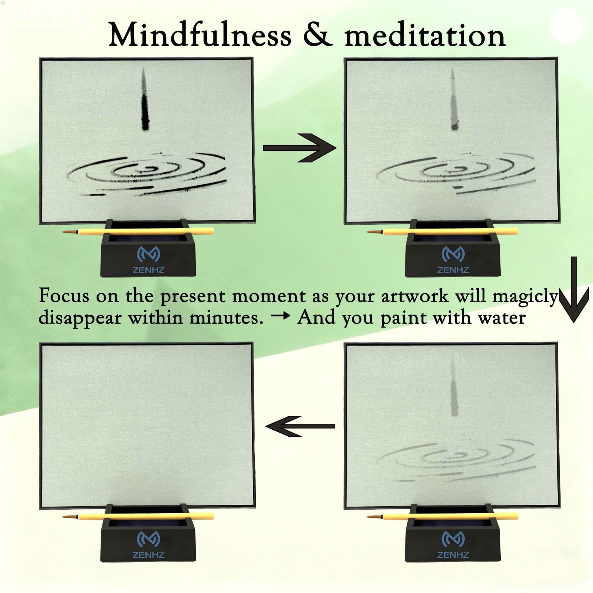 ZENHZ Zen Buddha Wassermalbrett mit OM 136,1 Hz Stimmgabel - Achtsamkeits- und Meditationsset für Stressabbau, Entspannung, Kalligraphie-Praxis und Klangtherapie, einzigartiges Geschenk