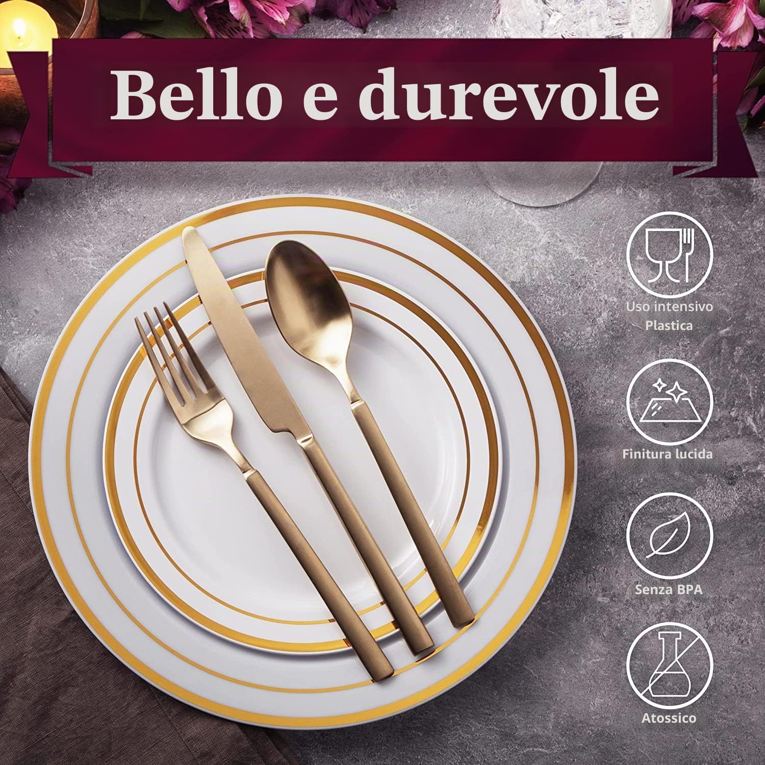 LATERN 60 Pezzi Stoviglie in Plastica Dorata, 30 Piatti Piani da 26cm + 30 Piatti per Insalata da 19cm, Piatti di Plastica Riutilizzabili per Festa di Dessert Giardino Anniversario Matrimonio