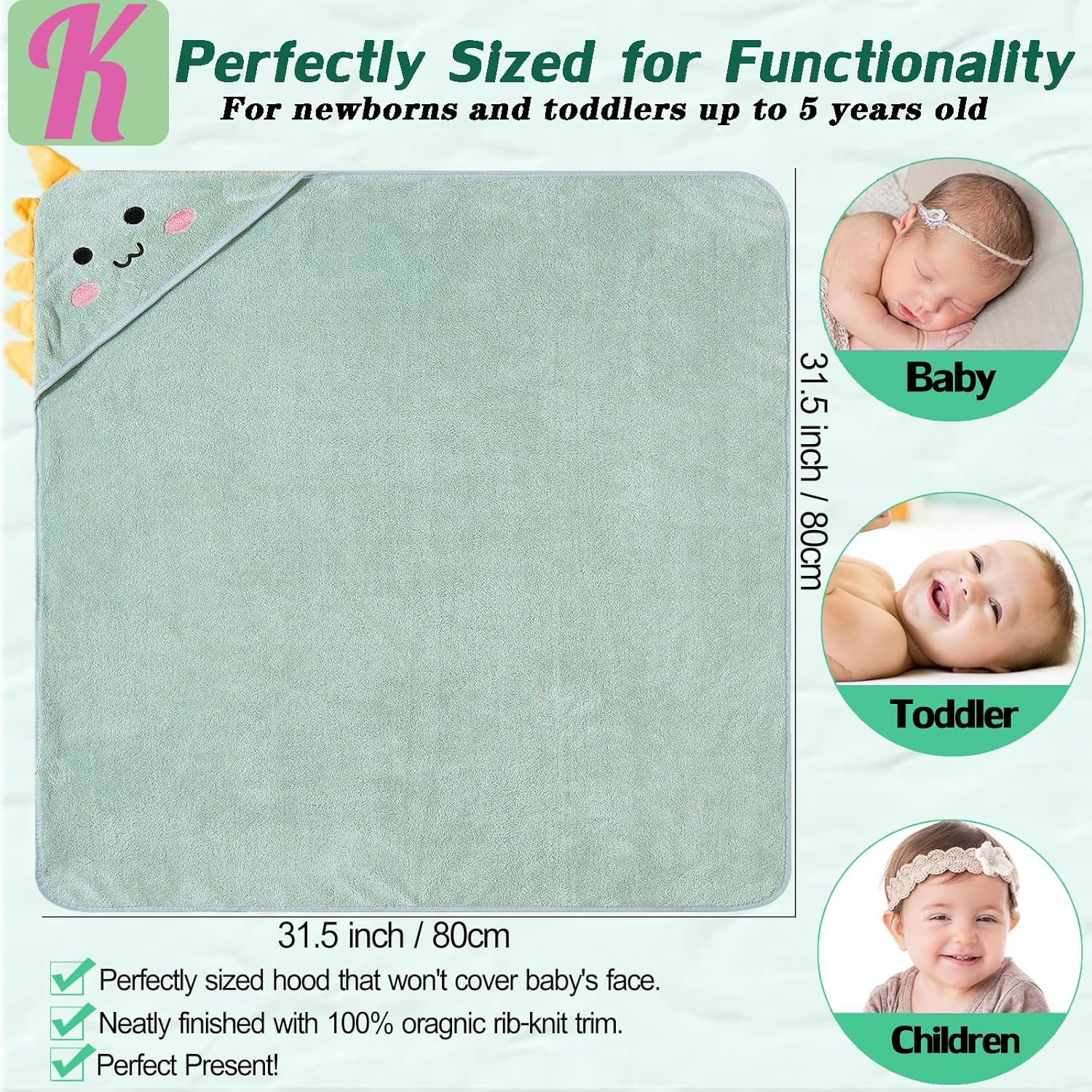 kmilro Baby Hooded Towels 4 Pack Unisex Bath Essentials 31.5x31.5 in Coral Fleece Super Soft Absorbent Baby Towels Newborn Necessities Gift Baby Stuff Towel with Hood for Boy, Girl, Babies, Toddlers