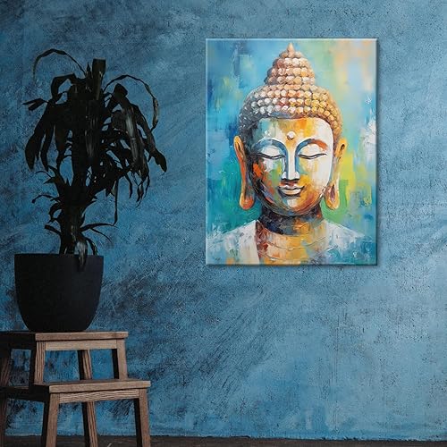 Miniatura 5 de GLOKAKA Pintura decorativa de pared de estatua de Buda, cabeza de budismo azul, obra de arte abstracta, arte religioso zen, lienzo impreso para