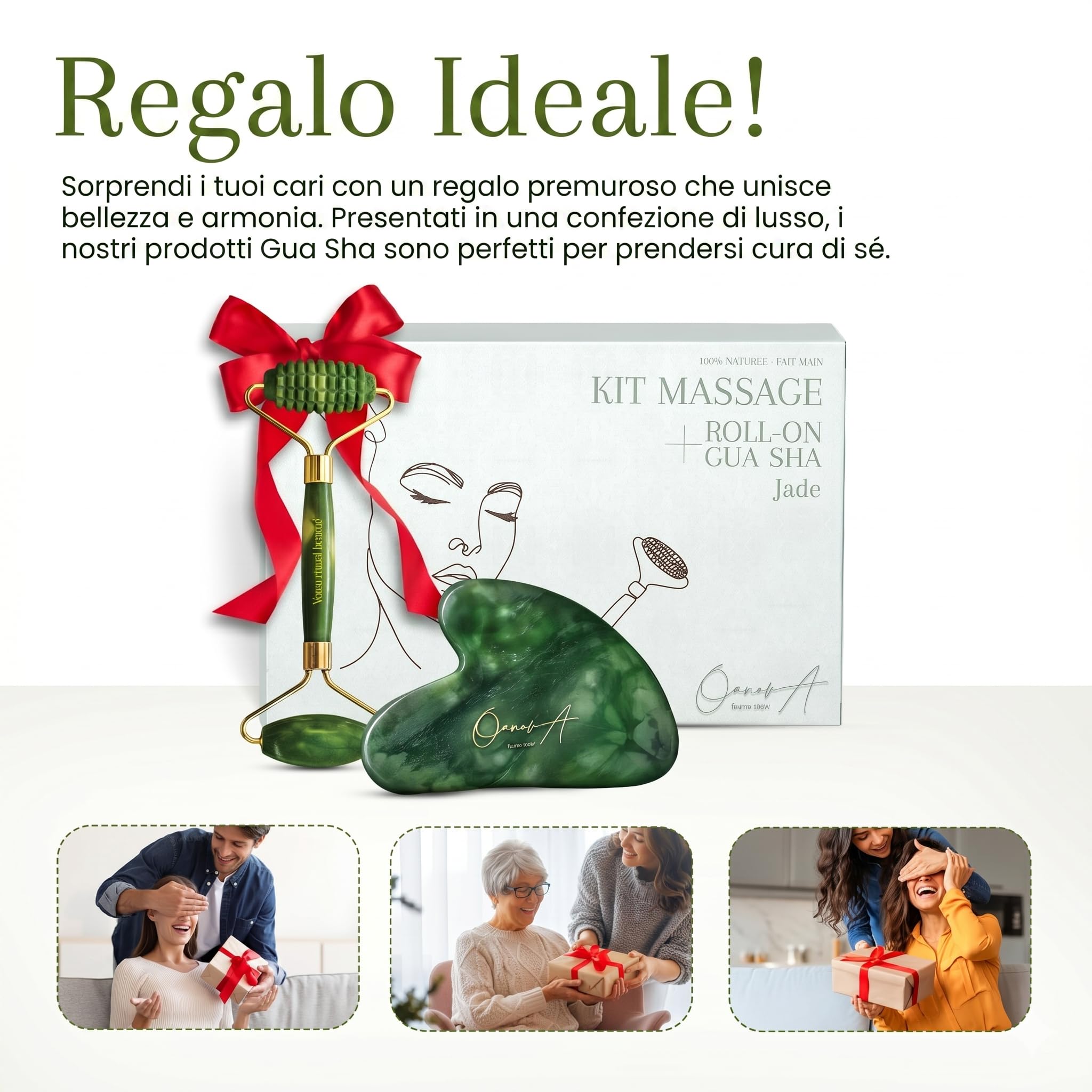 Kit Gua Sha per Viso e Corpo & Roller | Pietra Di Giada Verde | Massaggio Antirughe & Drenaggio Linfatico | Lifting Mento Doppio | Guasha | Maderotherapy | Gasha | Raffinare Shaper del Viso [OanovA]
