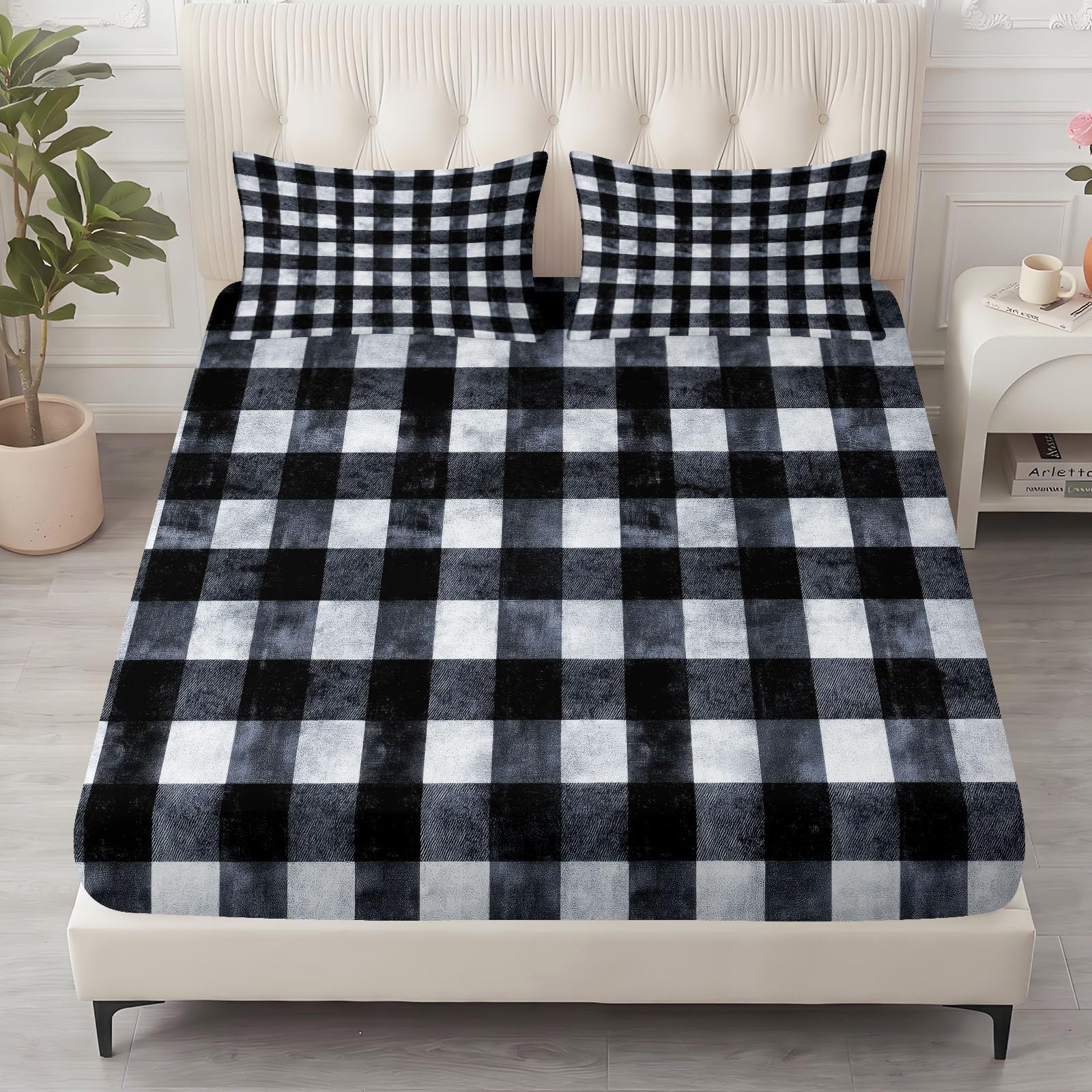 Spannbettlaken Modern Bettlaken 160 x 200 cm Weiche Atmungsaktive Mikrofaser - Schwarz Geometrie Karomuster Karo Spannbetttuch für Boxspringbett & Wasserbett Schlafzimmer Dekor, Steghöhe 30 cm