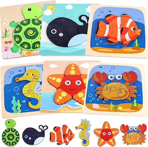 LovesTown Rompecabezas de madera para niños pequeños, rompecabezas Montessori de animales marinos, juguetes educativos de aprendizaje preescolar