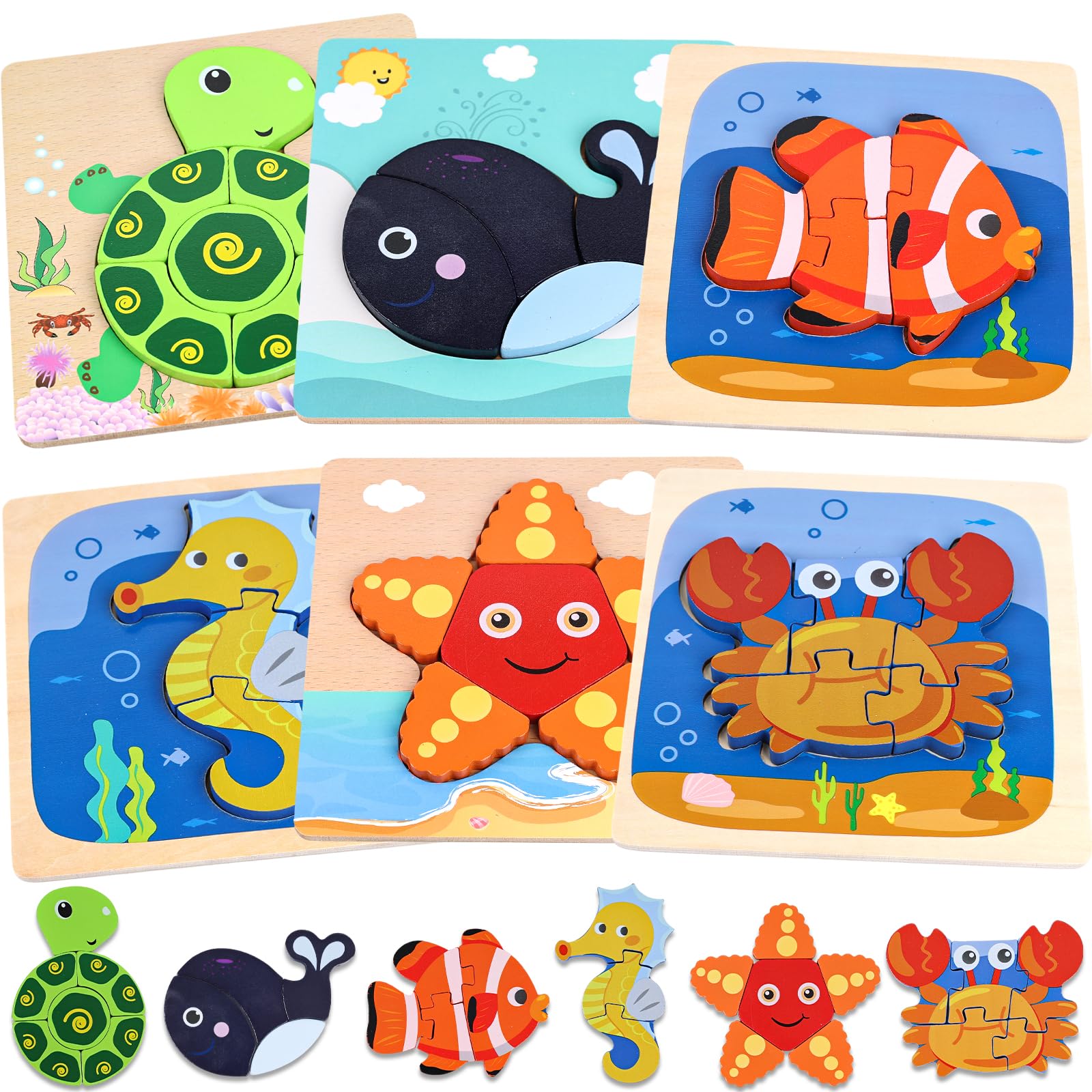LovesTown Holzpuzzle für Kleinkinder, Meerestierpuzzle, Vorschule Lernspielzeug für Jungen und Mädchen, 6 Stück