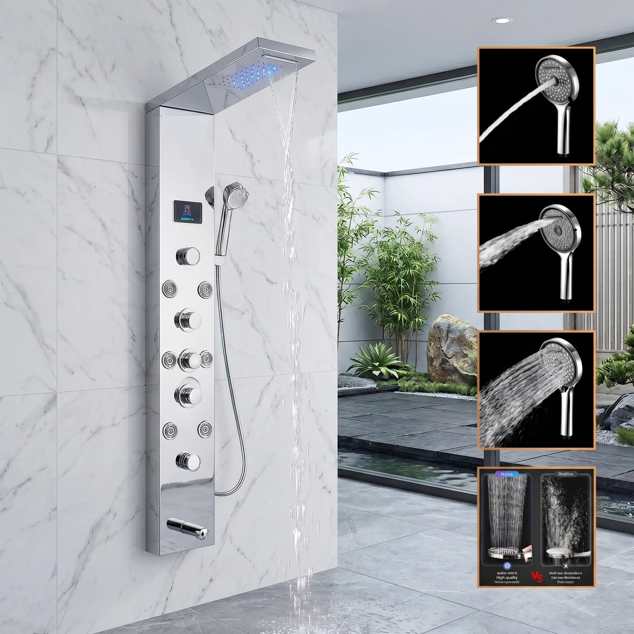 Stainless Steel Shower Panel System with LED Rainfall Showerhead, Handheld Spray, Body Jets, Temperature Display 8 in 1 Thermostatic System With LED Rainfall