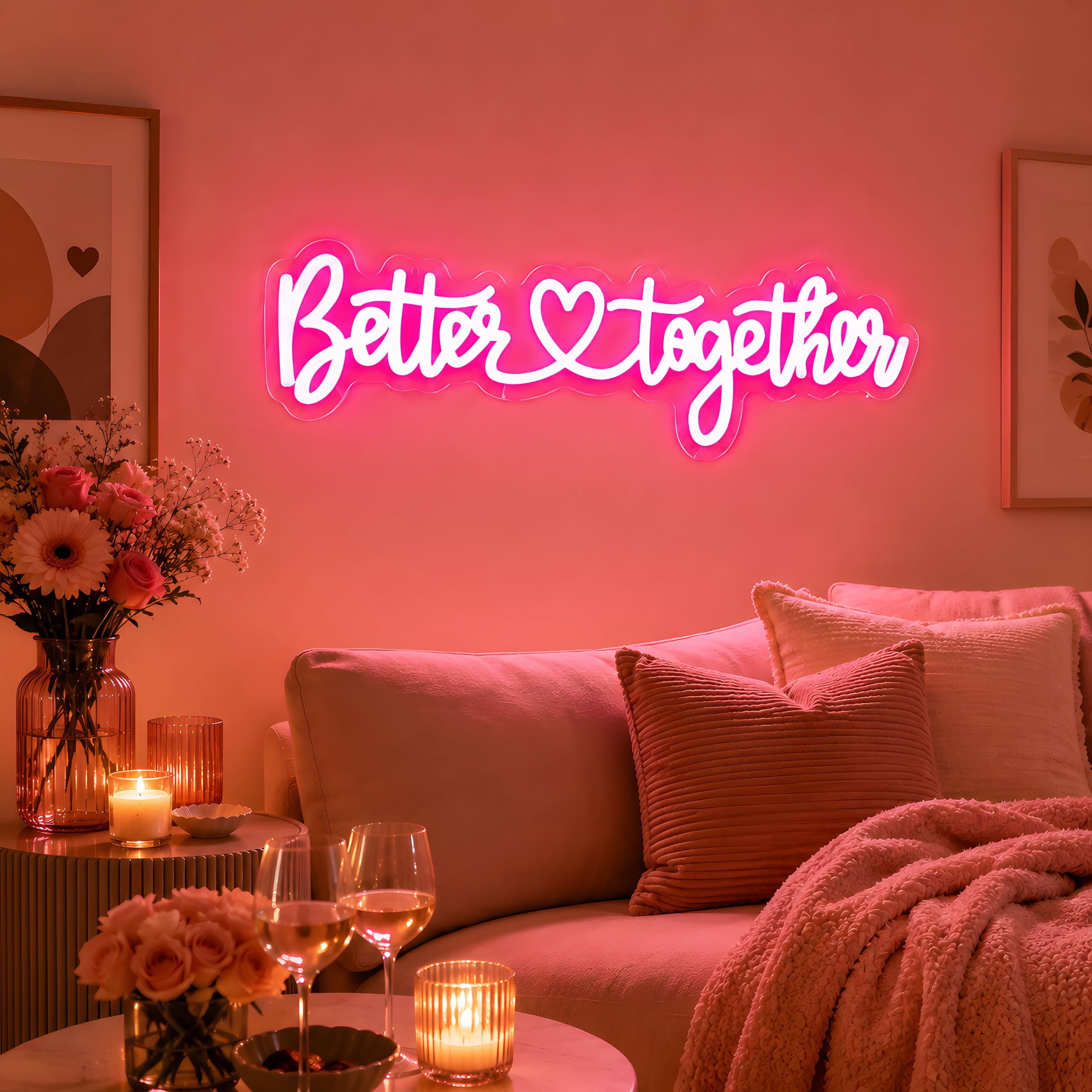 Better Together Neonschild für Wanddekoration, USB-betrieben, dimmbar, rosa Schrift, LED-Wortlicht für Hochzeit, Verlobung, Party, Brautparty, Schatz, Tisch, Paar, Geschenk
