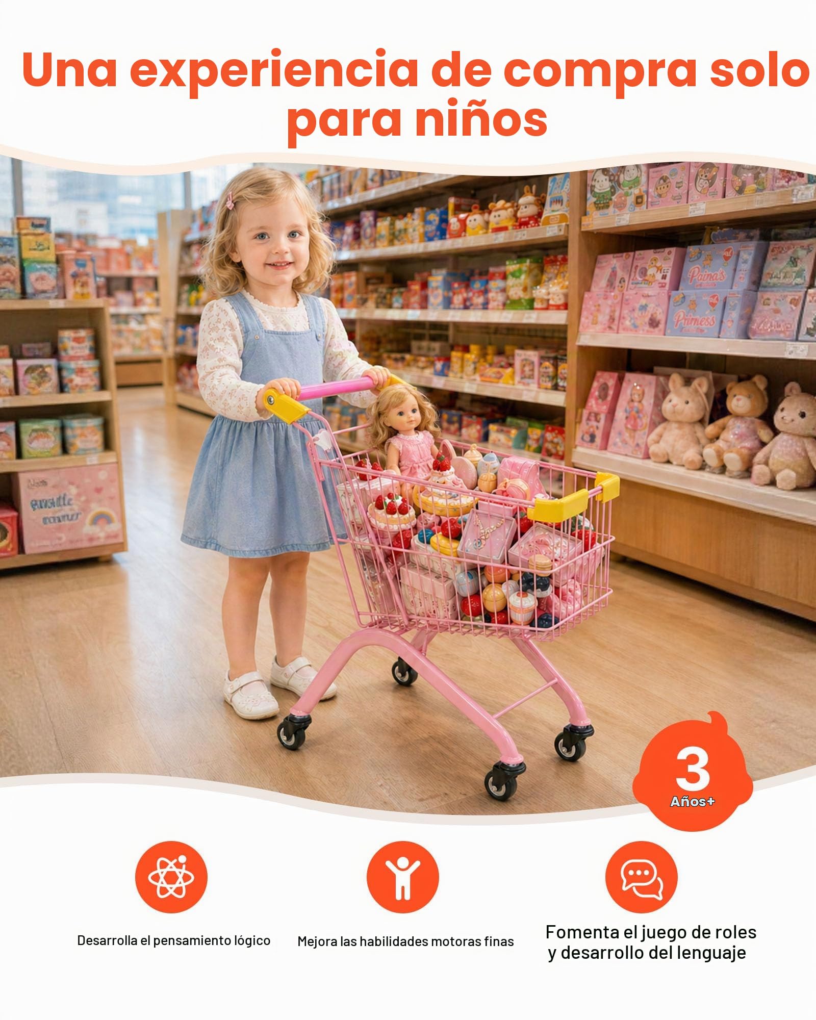 VEVOR Carrito de Compras Infantil, Estructura de Acero, Carrito de Supermercado de Juguete con Cesta de Capacidad de 17 L, Asiento para Muñecas, Ruedas de 360°, Carro para Niños de 3 Años en Adelante