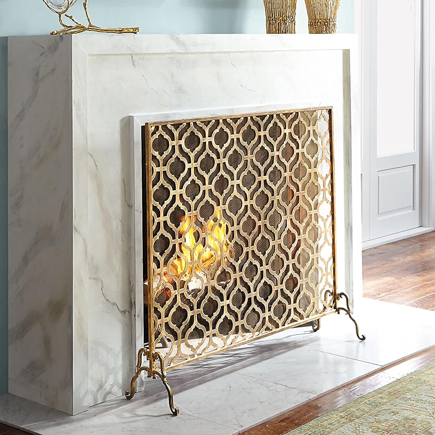 Fireplace Screen Guard, Fire Guard Fireplace Screen 30in Tall， Metal Mesh Fire Screen Guard with High Density Mesh， Solid Wrought Iron Fireplace Fence for Outdoor or Indoor Use， Gold (Gold 9