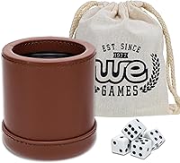 Vista 1 de WE Games Professional Handmade Cognac Brown Leather Dice Cup Set, Comes with 5 Standard Game Dice & Cloth Bag, Dice Roller for Liars Dice Farkle &