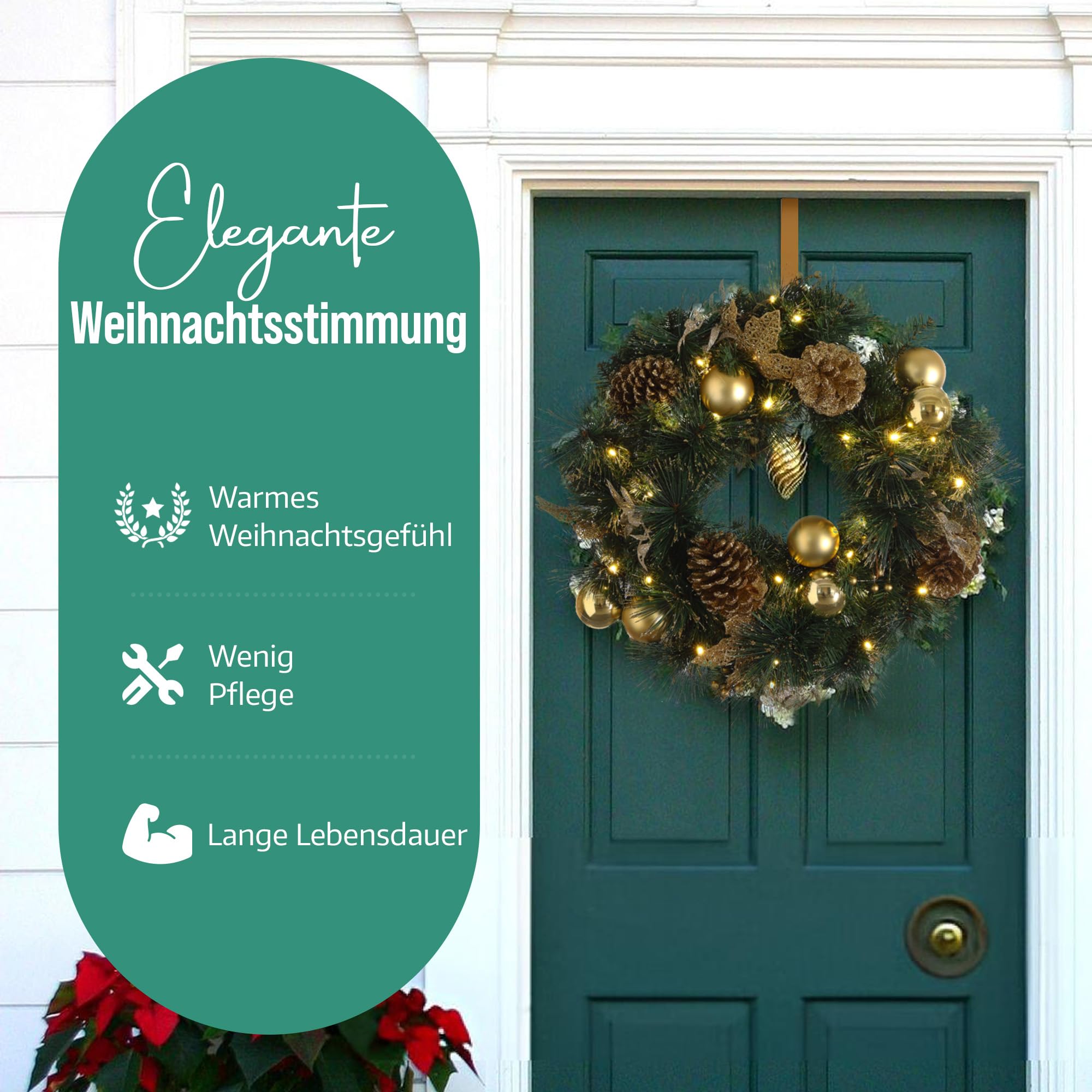 MeisterHome ® Künstlicher Weihnachtskranz Adventskranz für Tür Ø 50 cm - Weihnachtlicher Türkranz für Innen und Außen mit 35 LEDs, Timer und Gold Dekoration + Goldfarbener Aufhänger