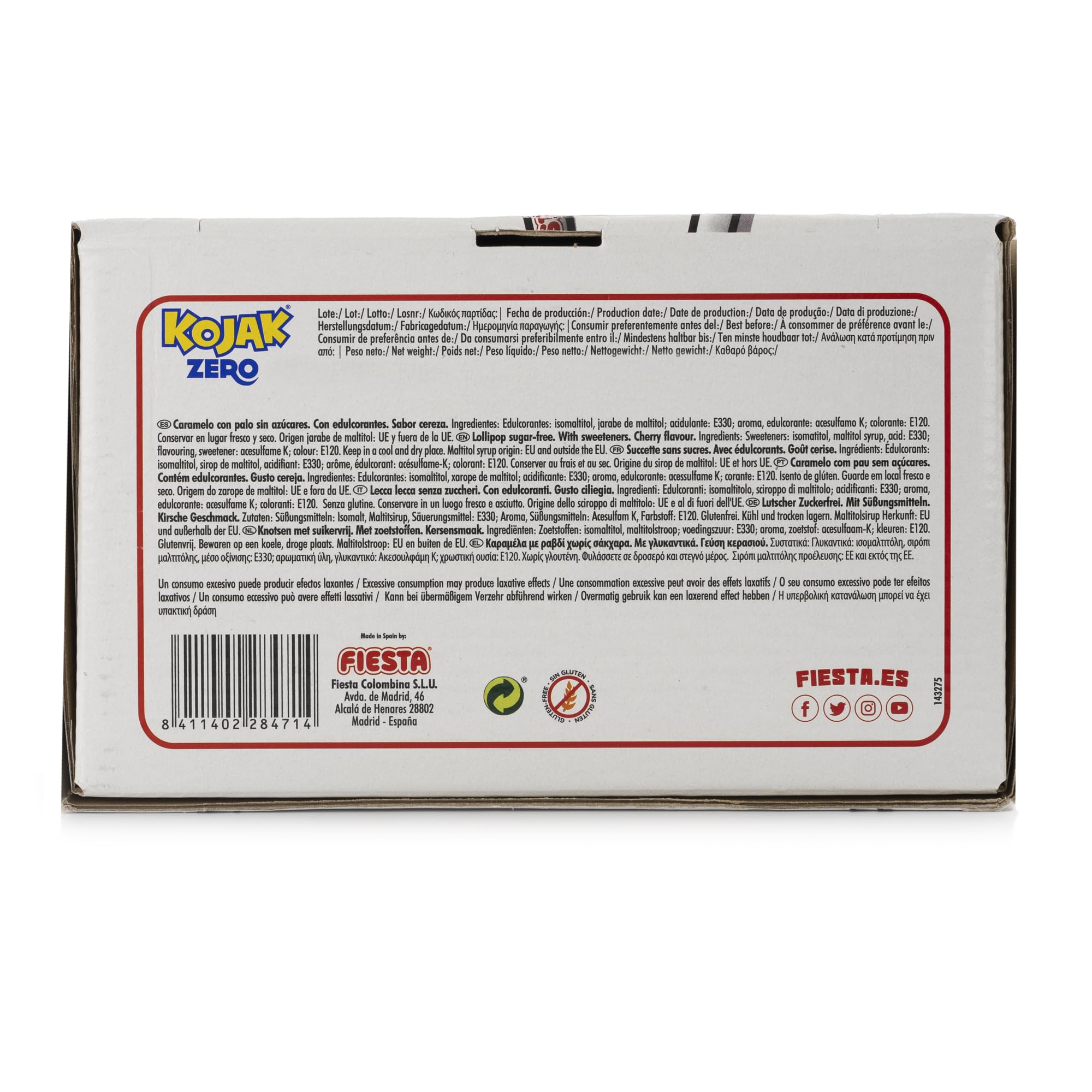FIESTA Kojak Sin Azúcar Caramelo con Palo Sabor Cereza - Caja de 70 unidades