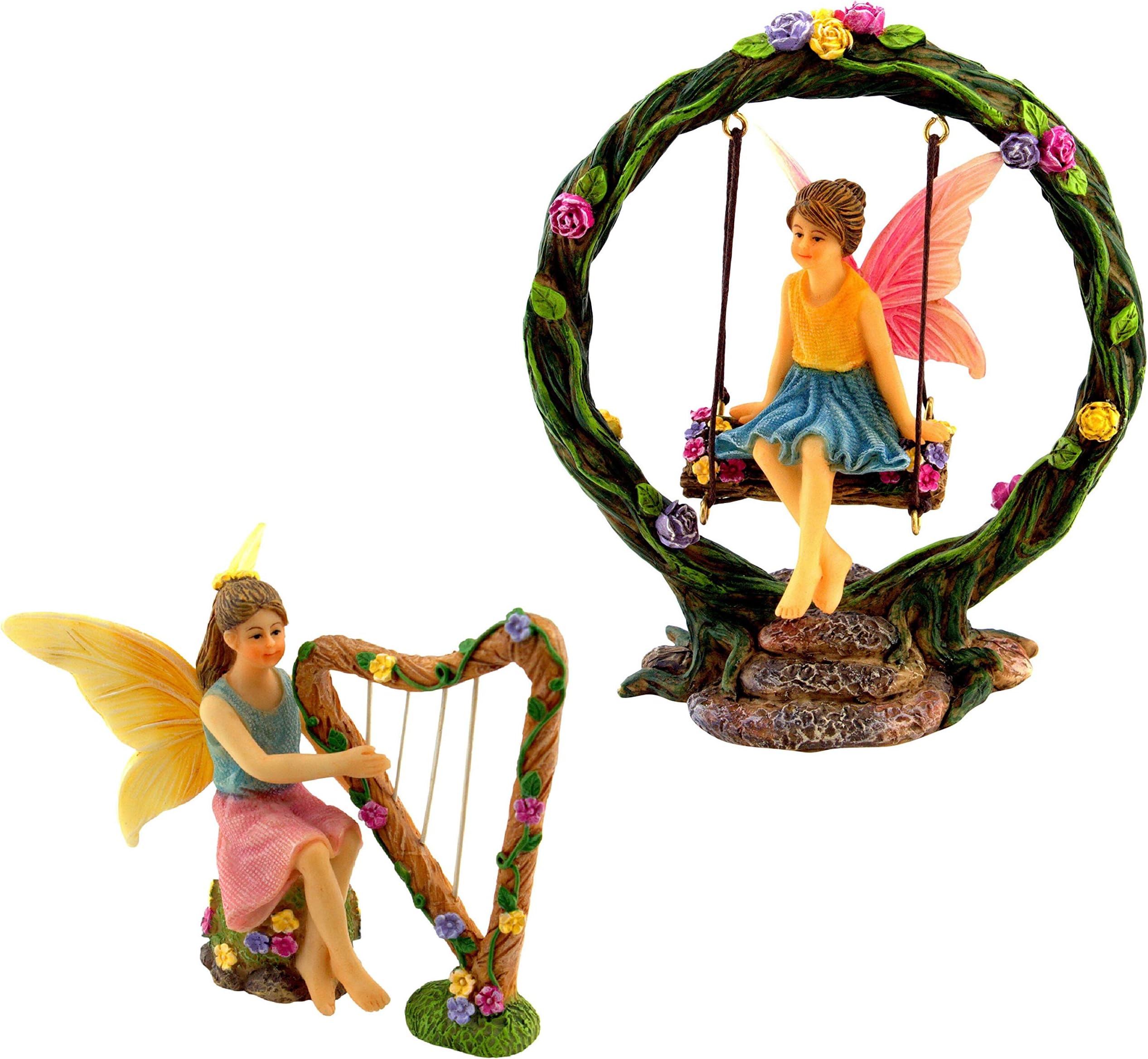PRETMANNS Fairy Garden Fairies – 2 Miniature Fairy Figurines & Swing Set – Fairy Garden Supplies 4 Pieces