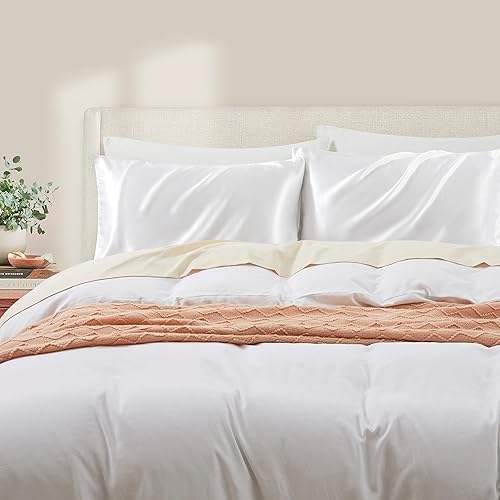 Miniatura 5 de Juego de 2 fundas de almohada de satén blanco tamaño Queen para cabello y piel, funda de almohada de seda blanca transpirable con cierre de sobre