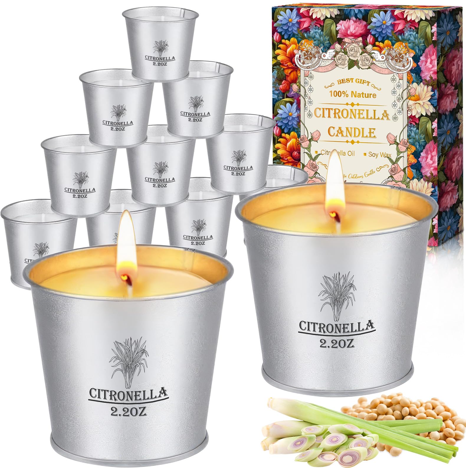 Citronella Kerzen Outdoor, 12 x 2,2 oz, Kerzengeschenkset, Outdoor Kerzen mit Natürliche Sojawachs Zitronella Kerze, Kerzen Set für Garten, Hof, Party, Camping, Grillen, Balkon