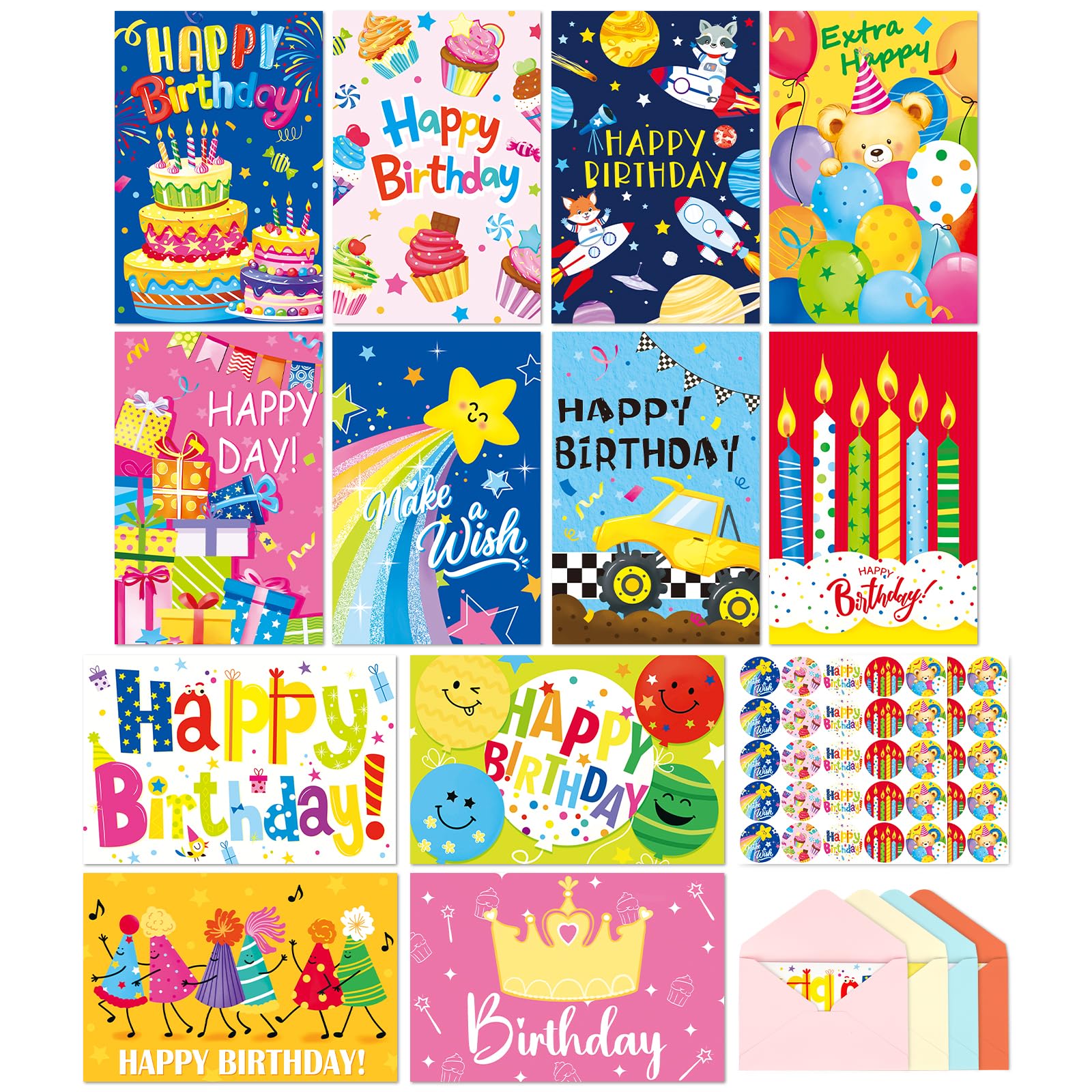Happy Birthday Cards Bulk Of 48 With Envelopes & Stickers-12 Different Design Blank Inside-10 * 15Cm Premium Greeting Card With Package Box For Kids Friend — image 1