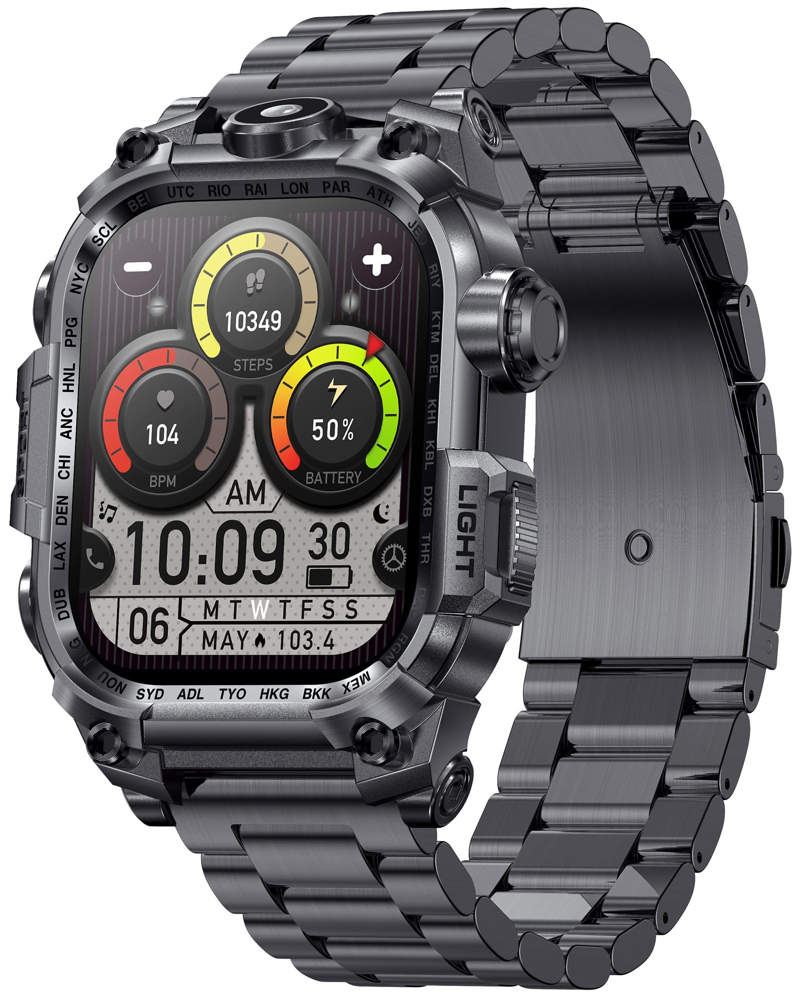 Orologio militare, da uomo, con torcia a LED, funzione telefonica, 2,01", robusto, per attività all'aperto, 100 + modalità sportive, monitoraggio della frequenza cardiaca, monitoraggio del sonno