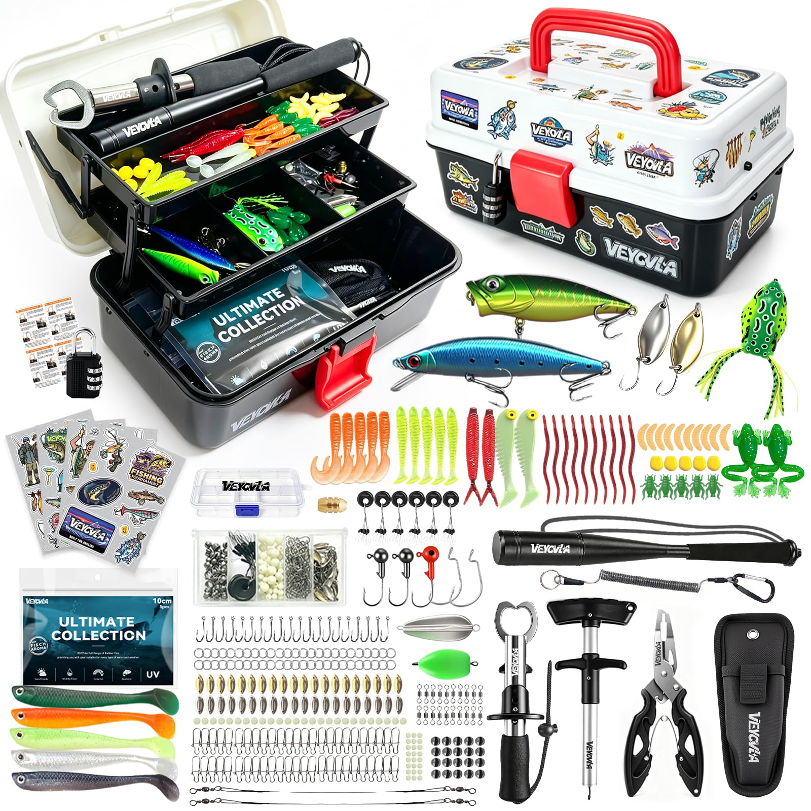 376 Stück Angelzubehör Set,Angelkoffer mit Zubehör- Fischtöter Angelzange Hakenlöser Angelzubehör,Zander,Barsch&ForellenKöder, Angelblei, Haken, Angler Geschenk für Anfänger