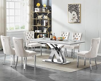 7 Piece Dining Table Set with Chairs, Faux Marble Dining Table and Beige Chair Set for 6, White Silver Dining Room Table Set with X-Shape Stainless Steel Base, Morden Kitchen Table and Chairs for 6
