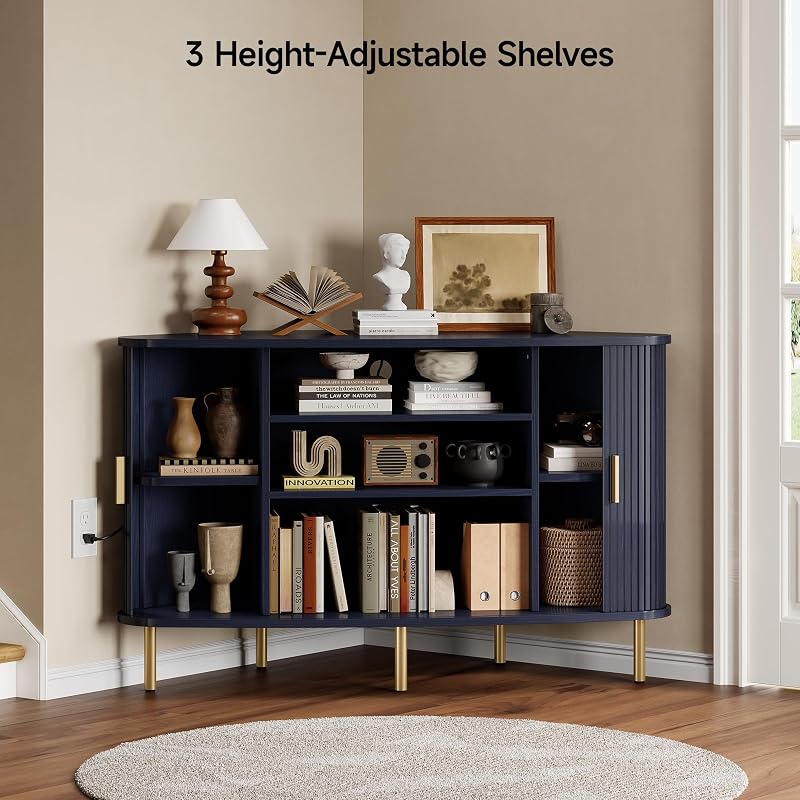 ONBRILL 47" Corner TV Stand, Fluted TV Cabinet for 55 Inch TVs, Blue image 4
