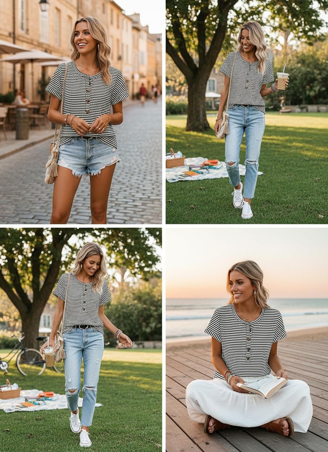 Womens Waffle Knit Summer Tops Button Half Placket Dressy Casual Tunic Shirts 2026 Basic Clothes - Image 4